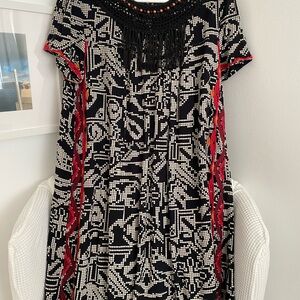 Anthropologie- Fall Boho/Tribal Pattern - Black & White Dress with Red Accents